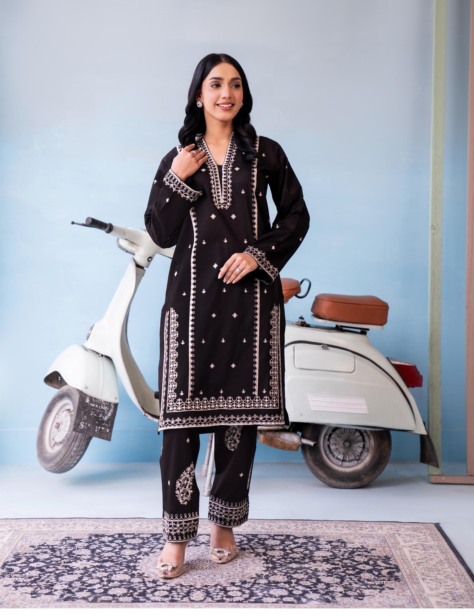 Black embroidery suit