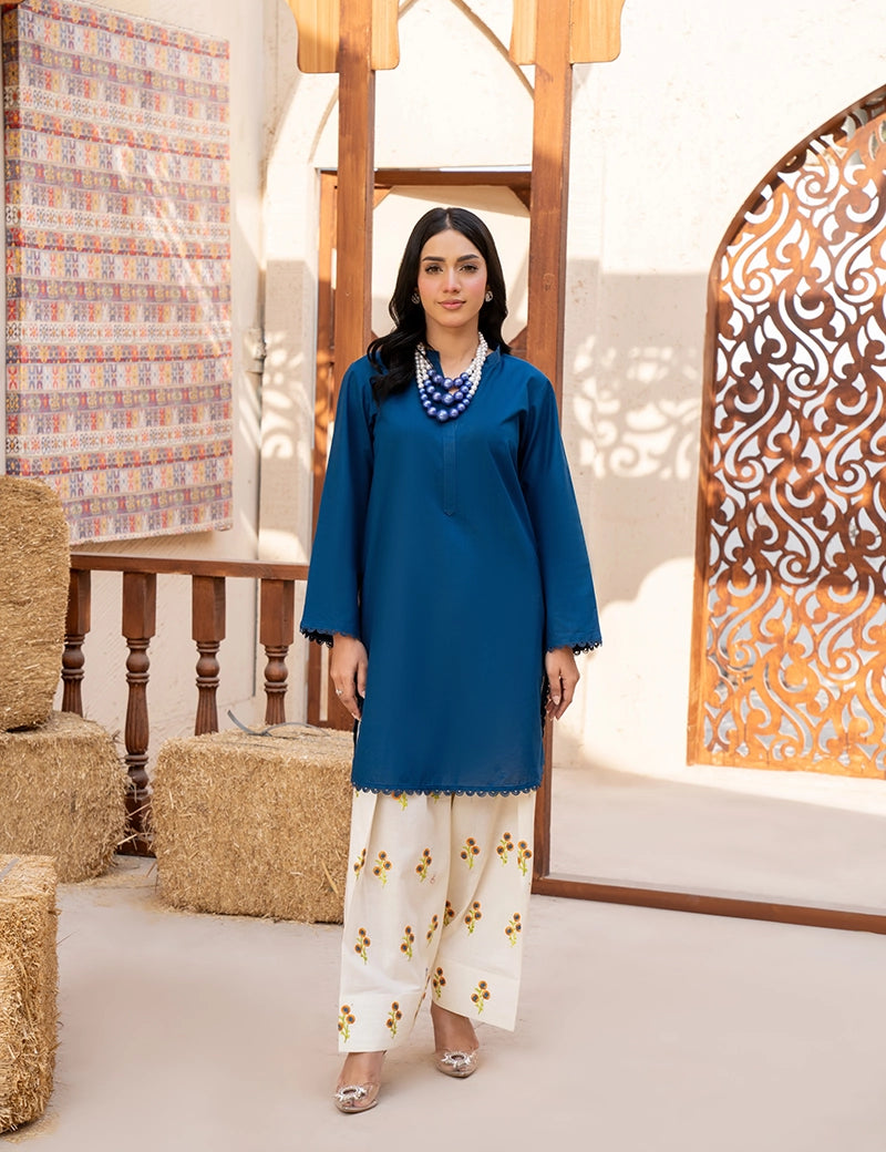 Blue top with contrast trouser