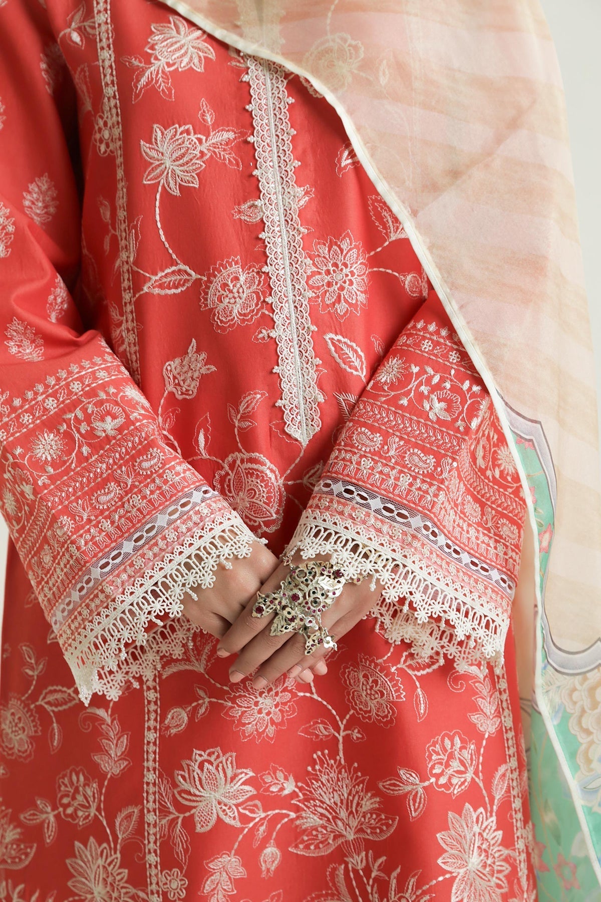 3 Piece - Embroidered Lawn Suit With Chiffon Dupatta