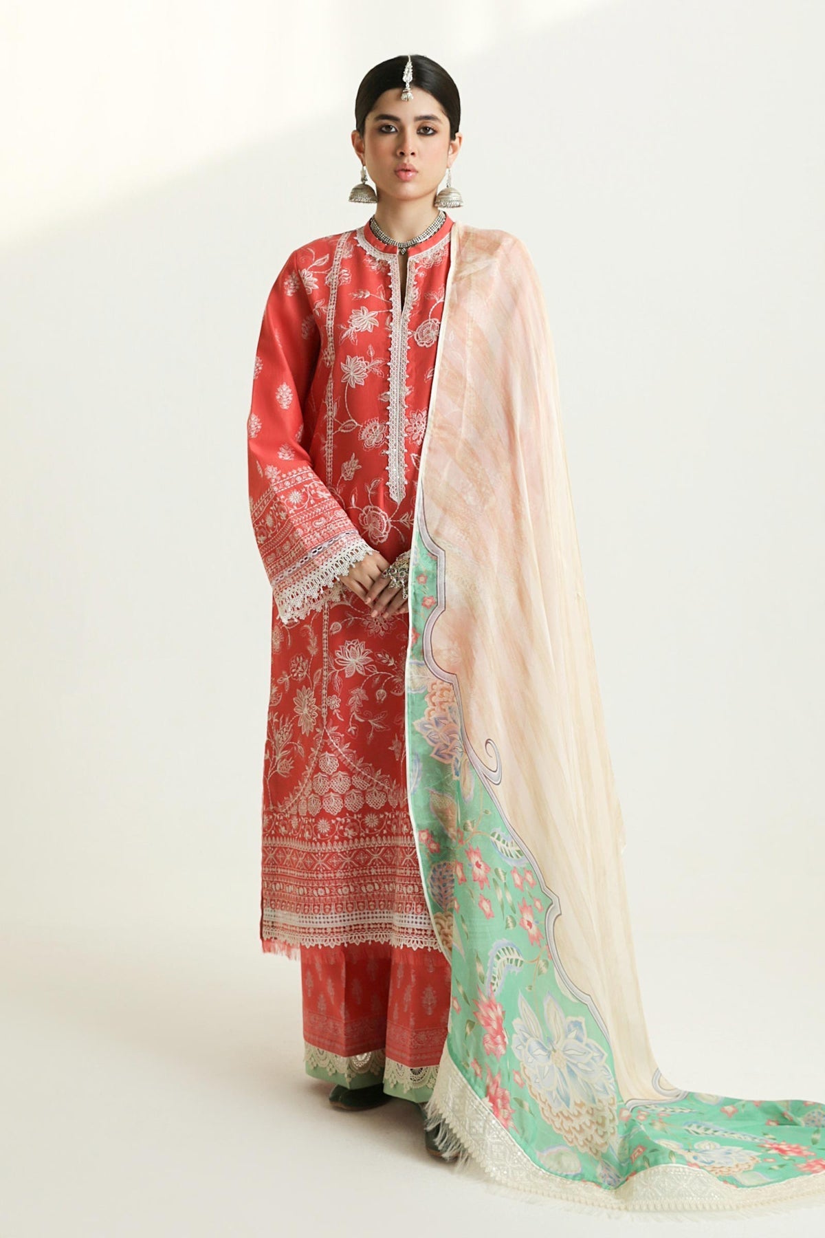 3 Piece - Embroidered Lawn Suit With Chiffon Dupatta