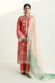 3 Piece - Embroidered Lawn Suit With Chiffon Dupatta