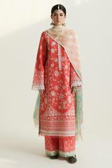 3 Piece - Embroidered Lawn Suit With Chiffon Dupatta